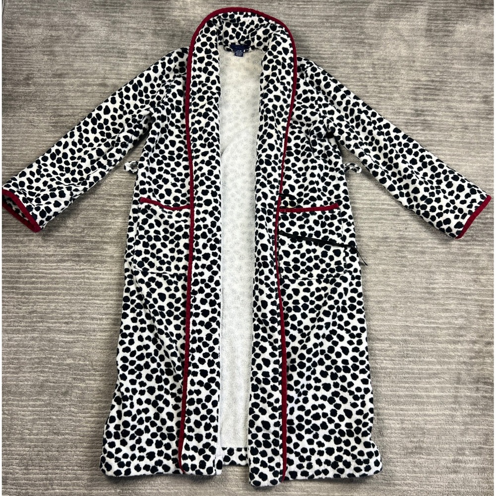 Charter Club Robe Womens M White Dalmatian Print Cotton Terry Red Trim Long